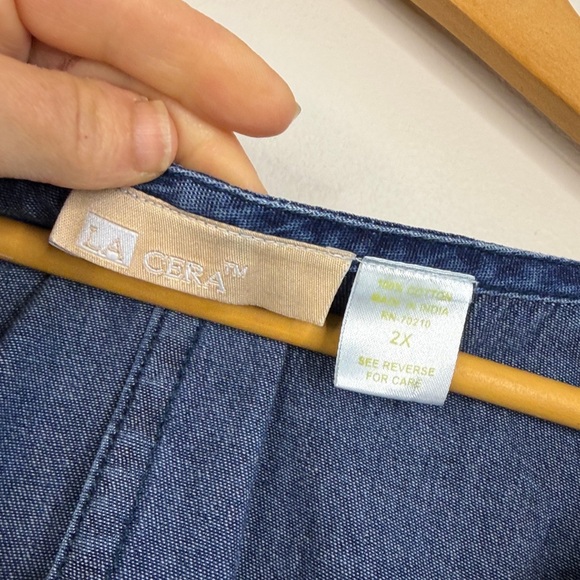 Chambray Dress Womens 2X Blue Jean Embroidered Floral Short Sleeve Prairie Midi - Picture 11 of 13